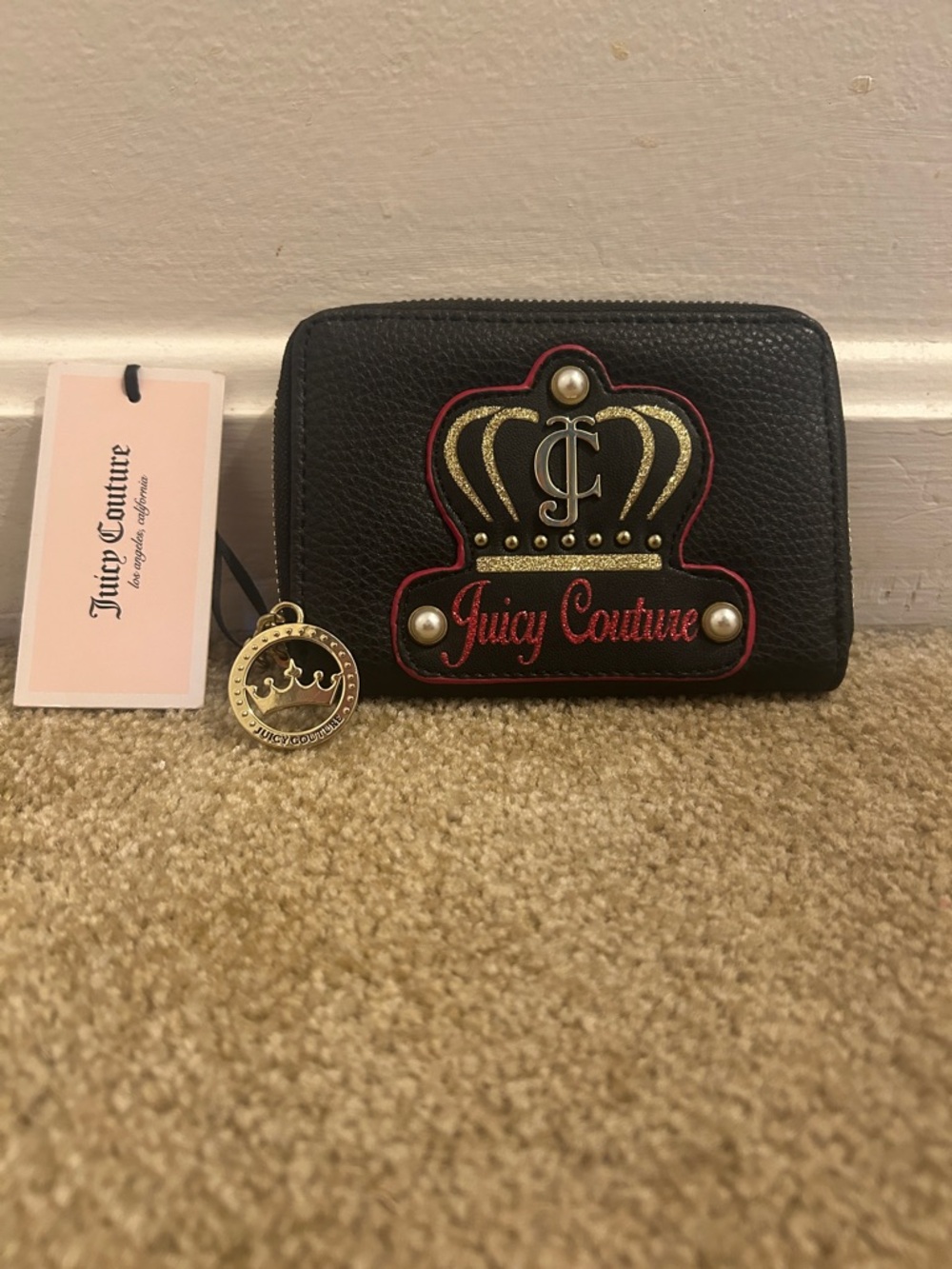 Juicy Couture Black Zip Wallet with Gold Crown and Red Trim